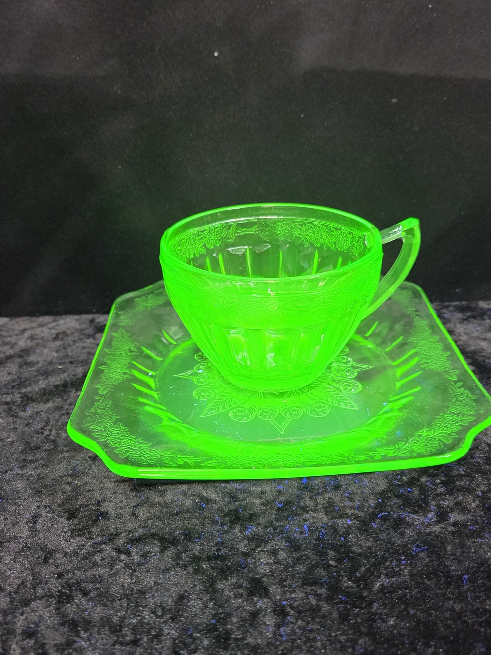 Vintage Jeannette Glass Adam Green Cup and Saucer Set Depression Era 1930s